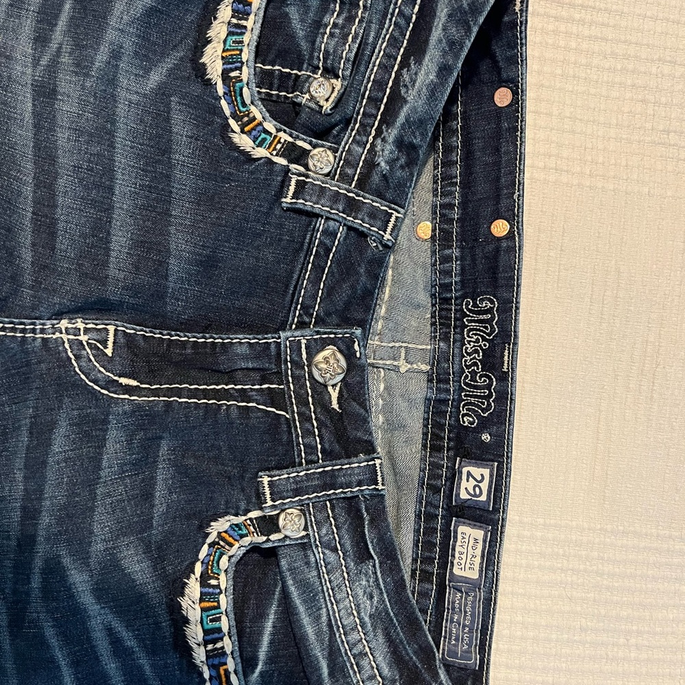 Miss Me Blue Boot Cut Jeans with Contrast Stitching and Vintage Fading - Picture 2 of 4